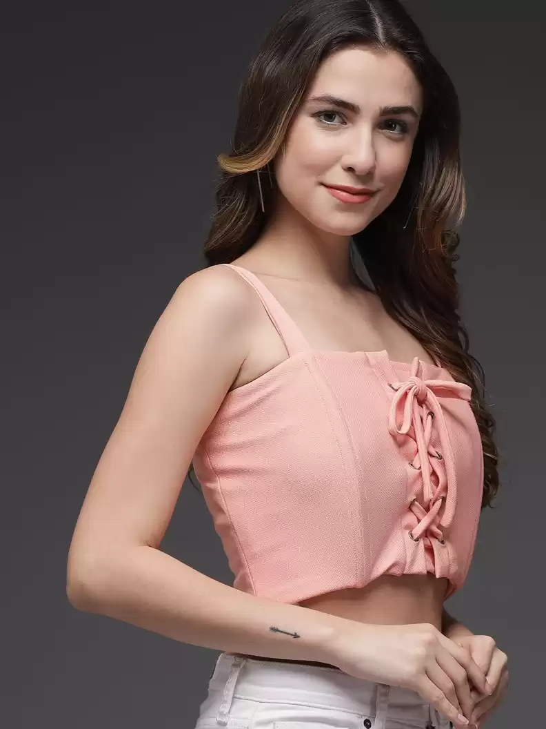 Stacked Flame Casual Noodle Straps Solid Women Pink Top