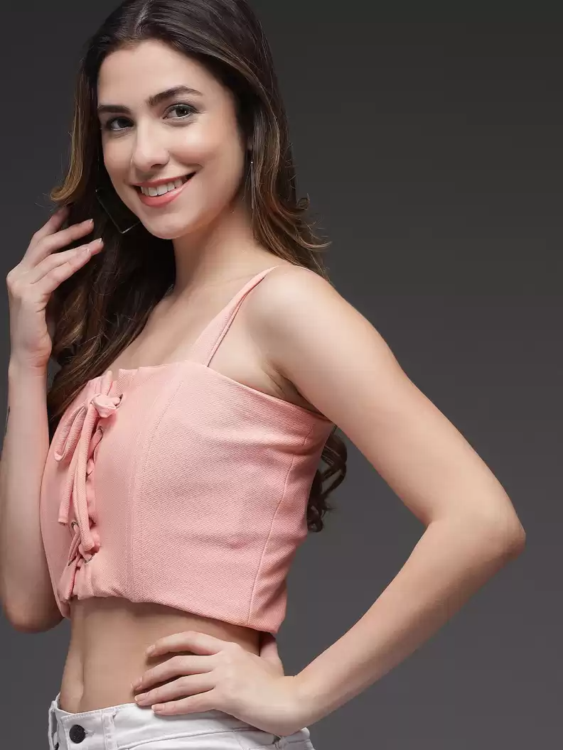 Stacked Flame Casual Noodle Straps Solid Women Pink Top