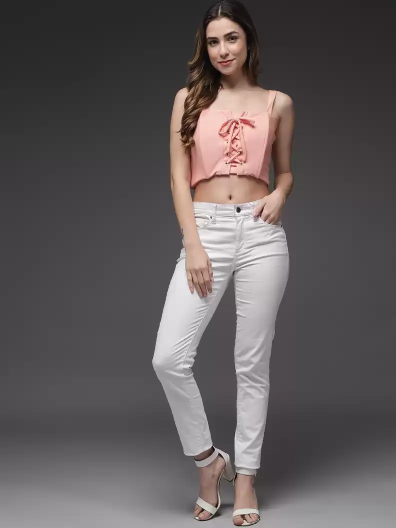 Stacked Flame Casual Noodle Straps Solid Women Pink Top