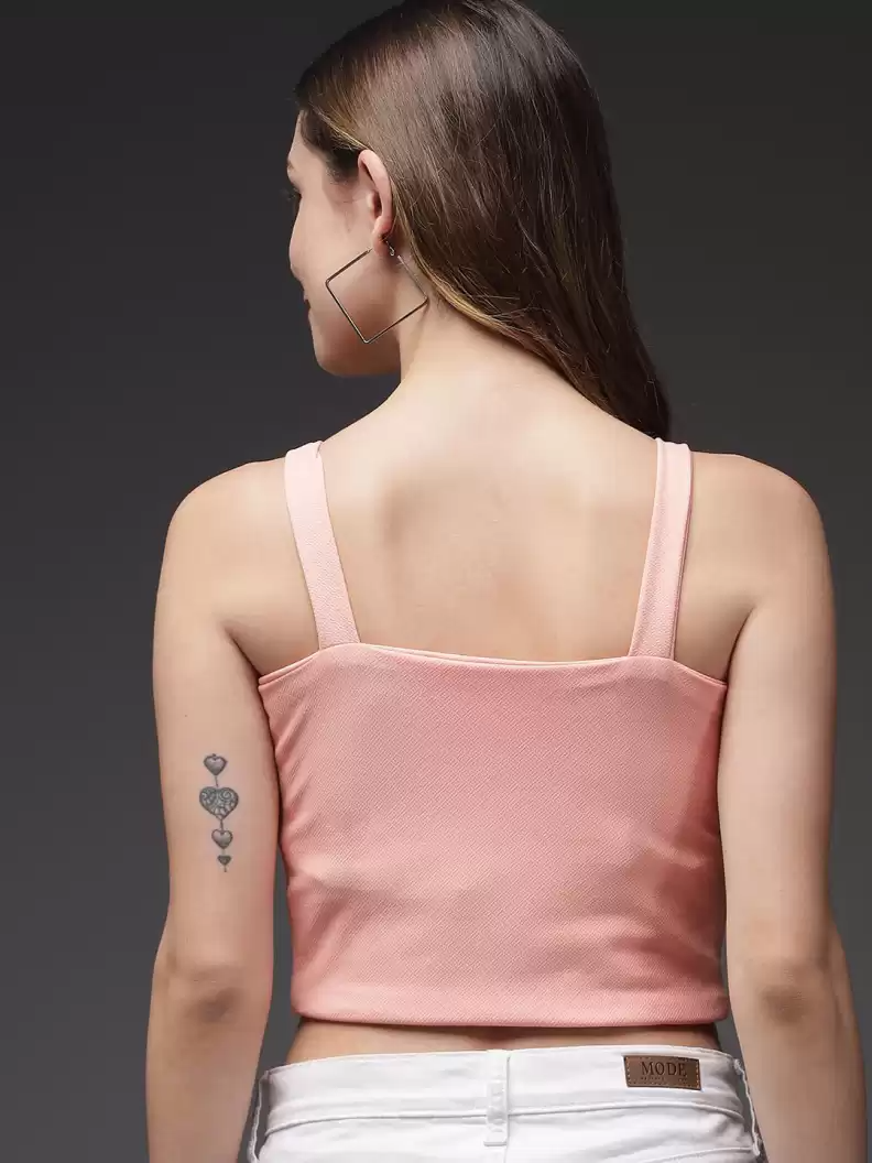 Stacked Flame Casual Noodle Straps Solid Women Pink Top