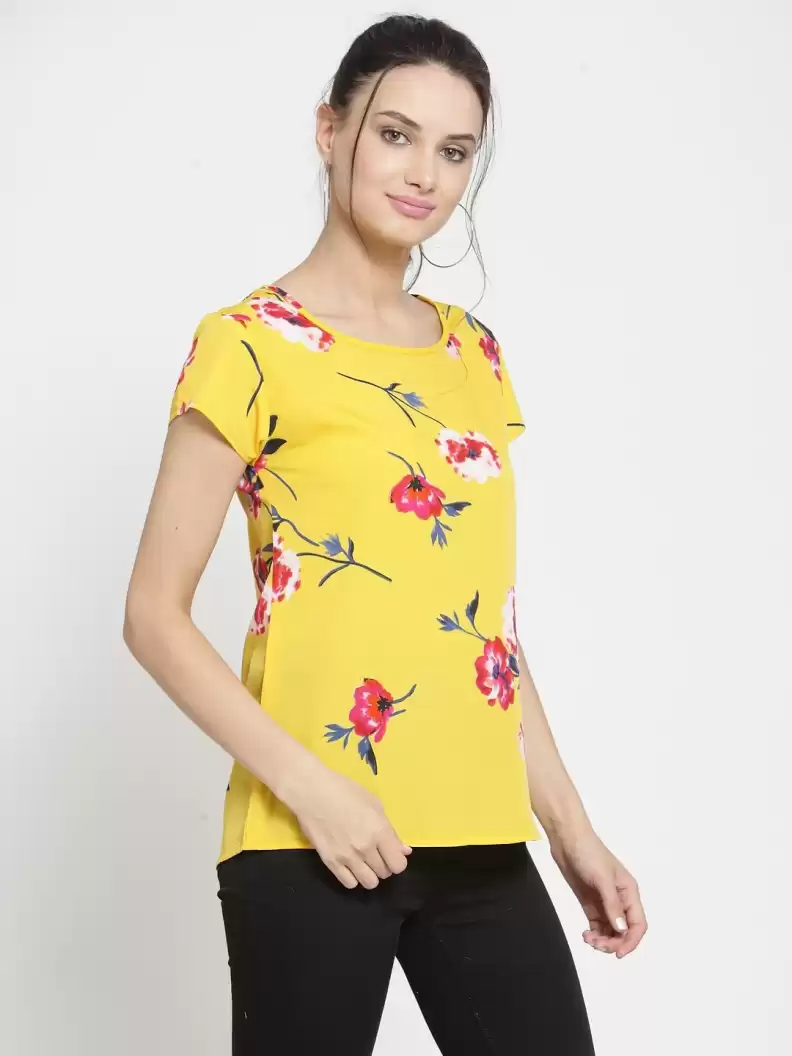 TANDUL  Casual Regular Sleeves Printed Women Yellow Top