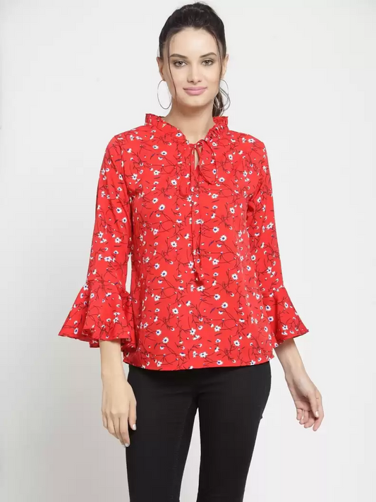 TANDUL  Casual Bell Sleeves Printed Women Red, White Top