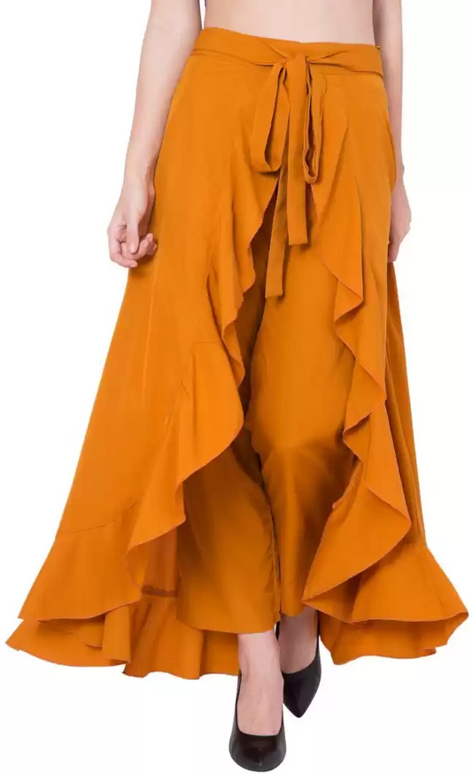 TANDUL  Flared Women Yellow Poly Crepe Trousers