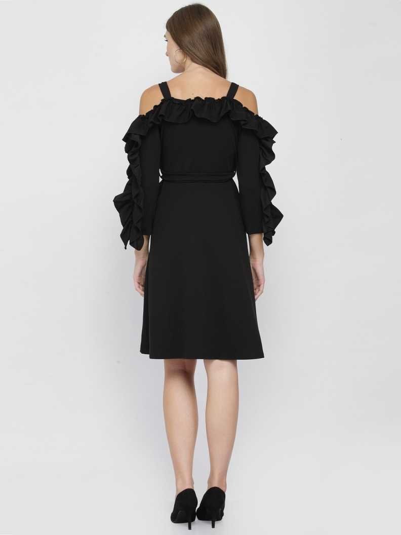 Women Ruffled Black Dress