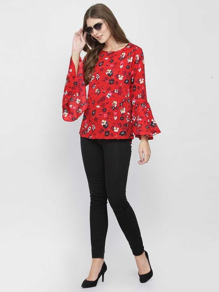 TANDUL  Casual Bell Sleeves Floral Print Women Red Top