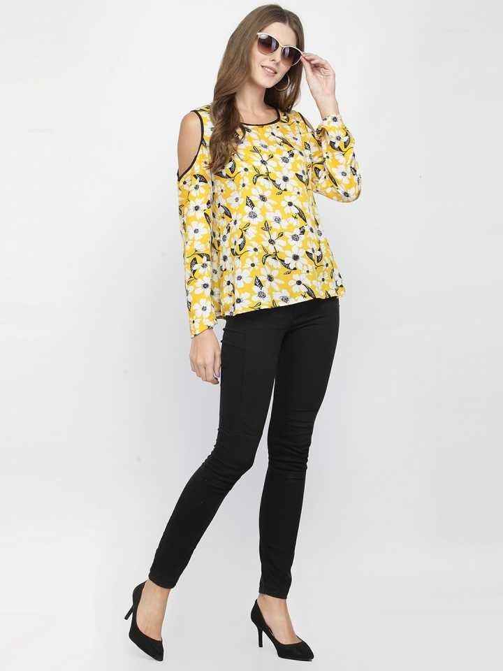 TANDUL  Casual Cold Shoulder Sleeves Floral Print Women Yellow Top