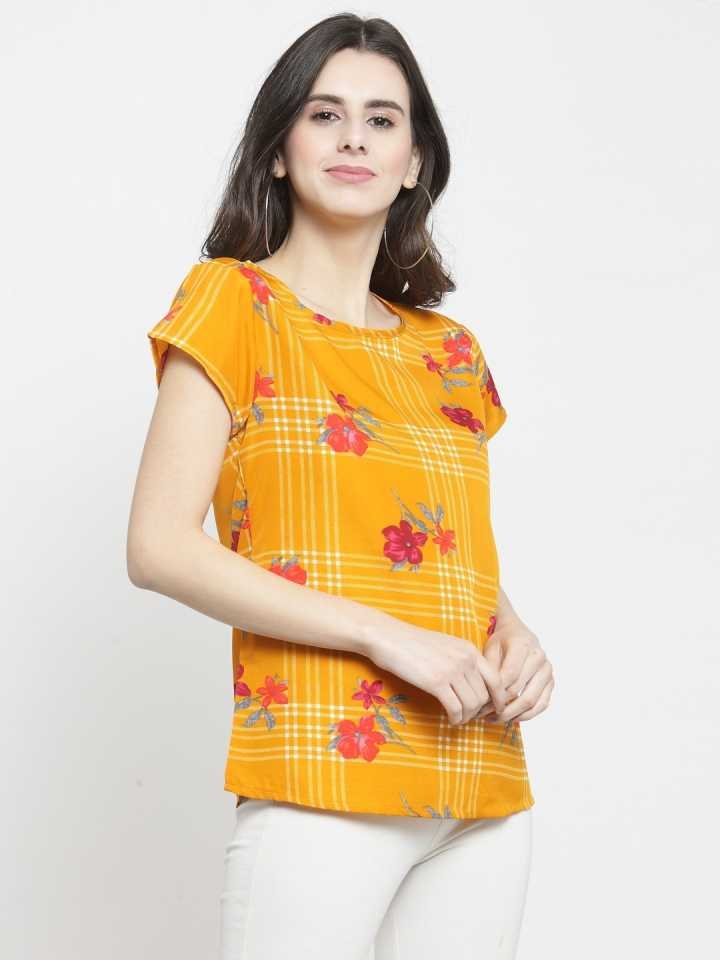 TANDUL  Casual Regular Sleeves Printed, Checkered Women Yellow Top