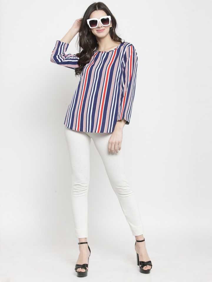 TANDUL  Casual Regular Sleeves Striped Women Red, White, Blue Top