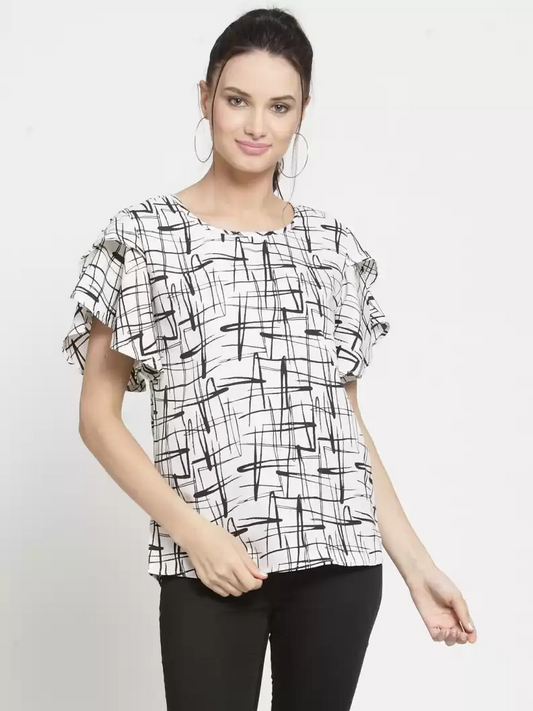 ZARVEY  Casual Ruffled Sleeves Printed Women Multicolor Top