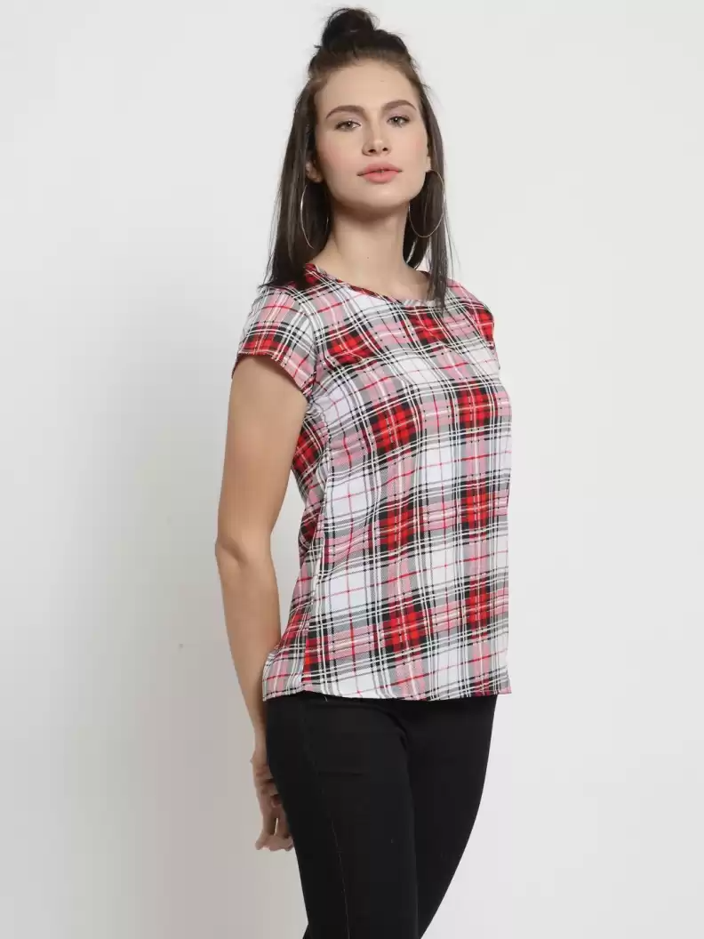 TANDUL  Casual Cap Sleeves Checkered Women Multicolor Top