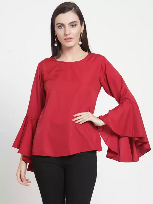 TANDUL  Party Bell Sleeves Solid Women Maroon Top