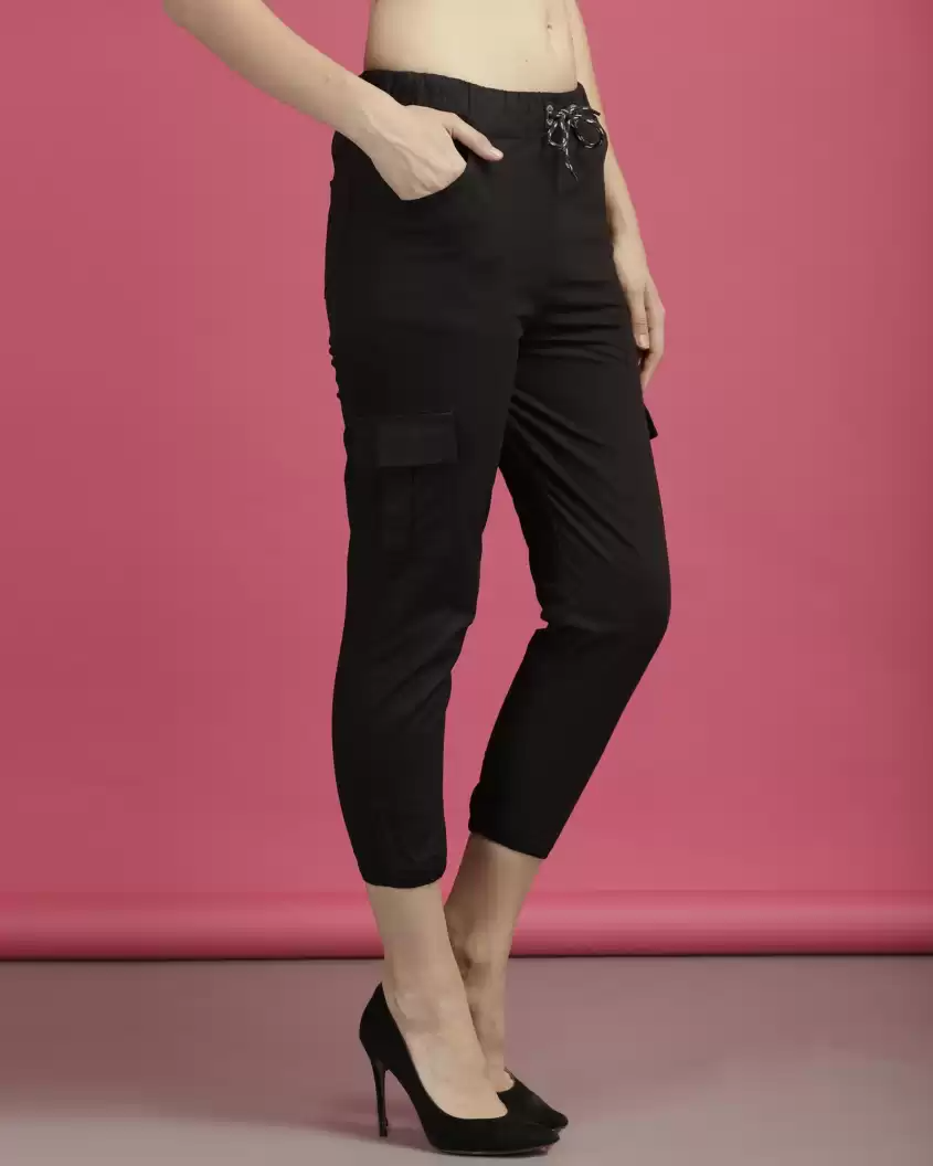 Stacked Flame Regular Fit Women Black Pure Cotton Trousers